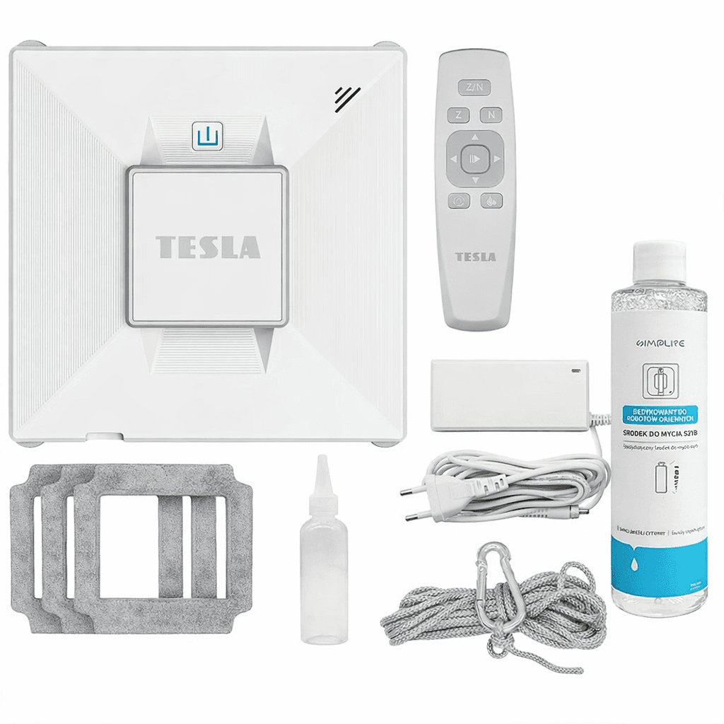 Tesla RoboStar okos ablaktisztító (autóablakok, padló, csempék és egyéb ablaktípusok tisztításához), vízpermet funkcióval, 72W/230V/650mAh teljesítménnyel, Wi-Fi támogatással és távirányítással vezérelhető.